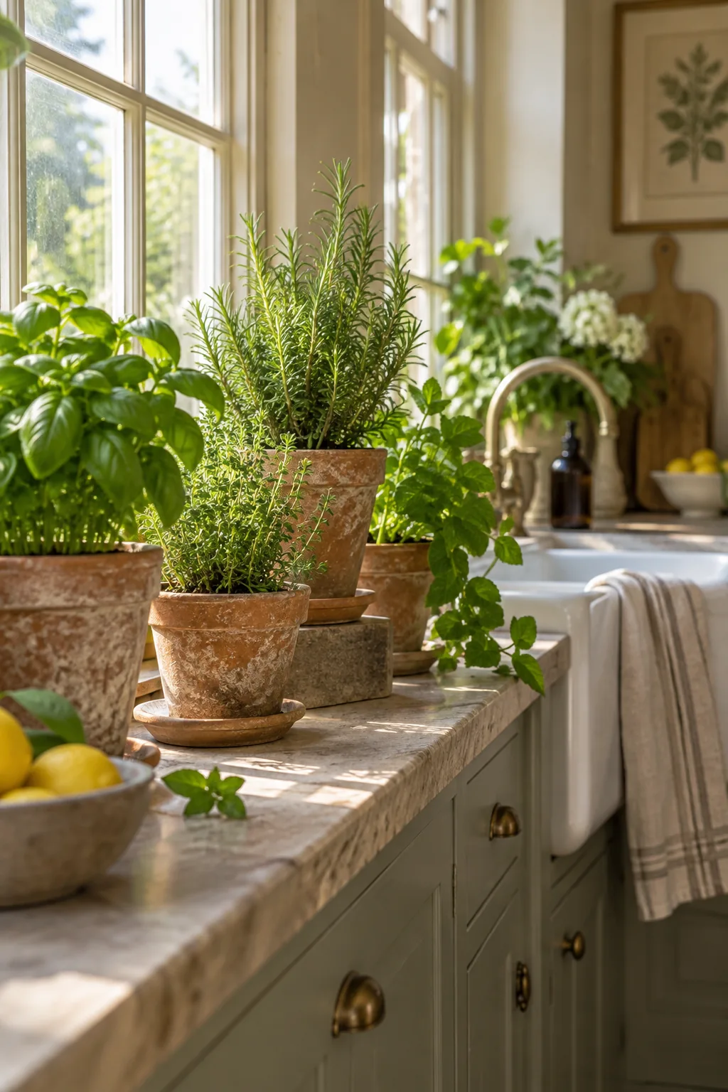 Weathered terracotta pots filled with fresh basil and rosemary sitting on a kitchen window sill.