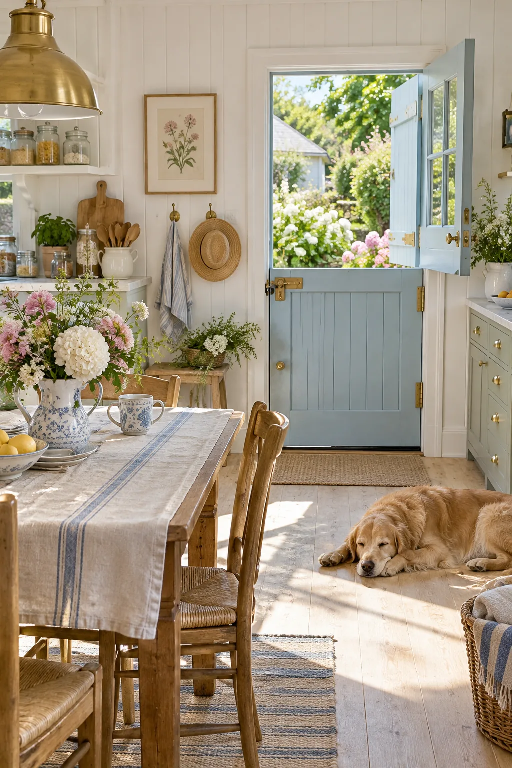 Exterior kitchen door split in half, with the top half open to a sunny garden.