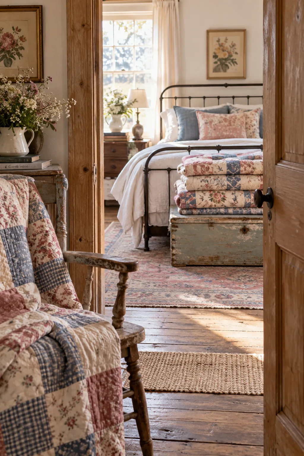 Folded vintage floral quilts stacked on a wooden chair.