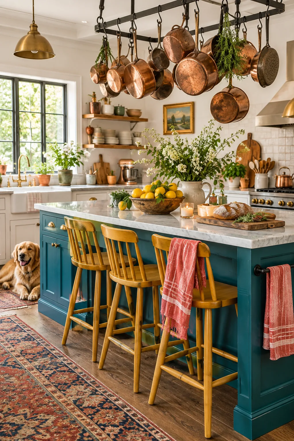 Vintage copper pots hanging from an iron rack in a white kitchen.