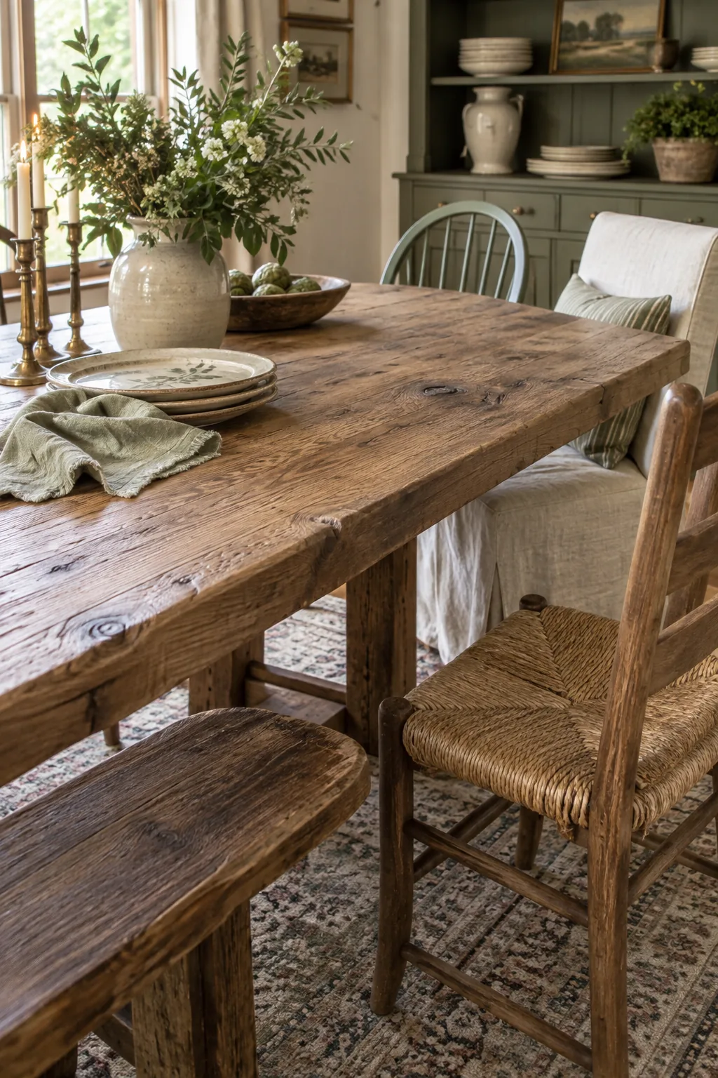 Farmhouse dining table with a wooden bench and mismatched chairs.