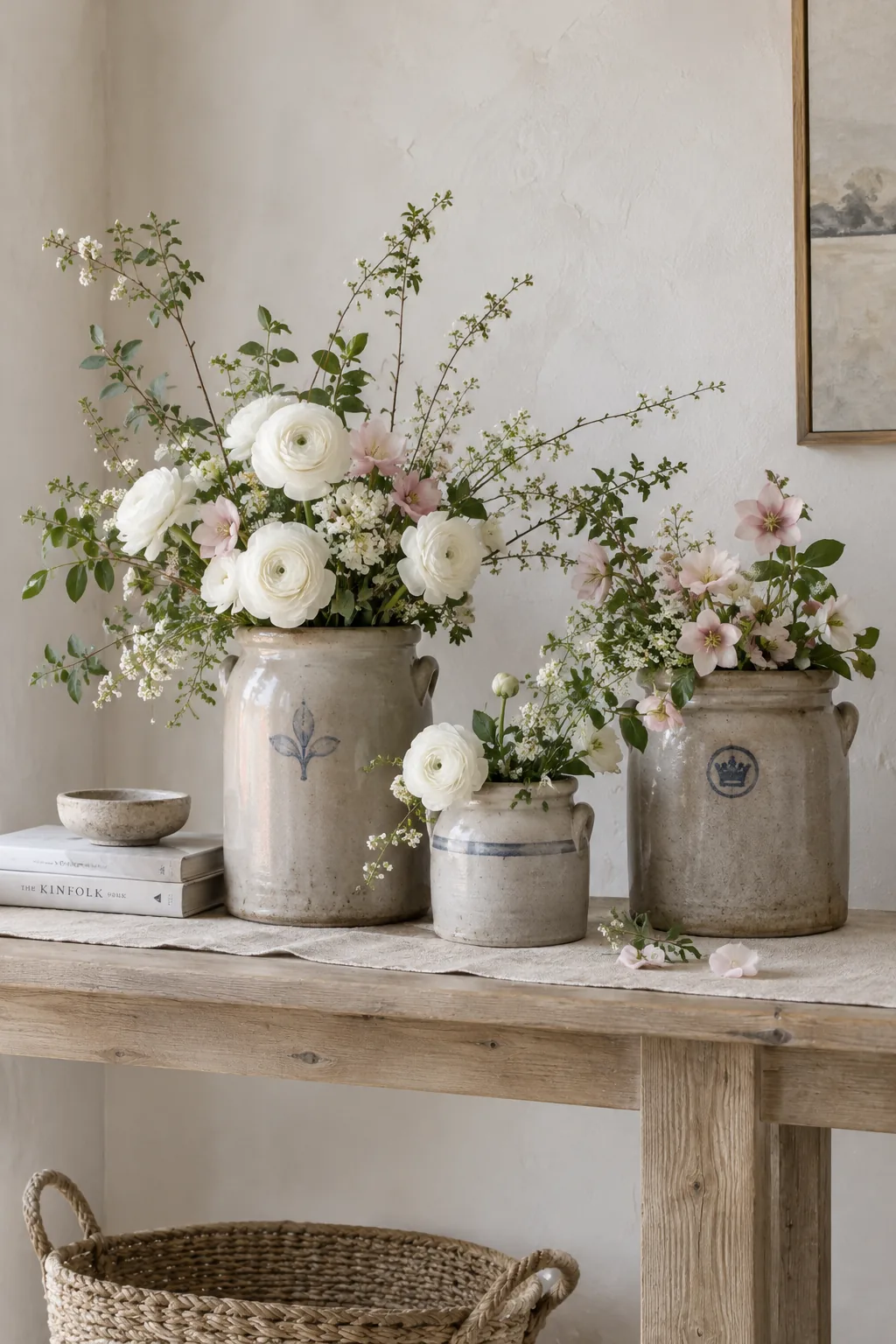 Three antique stoneware crocks filled with fresh white flowers on a console table.