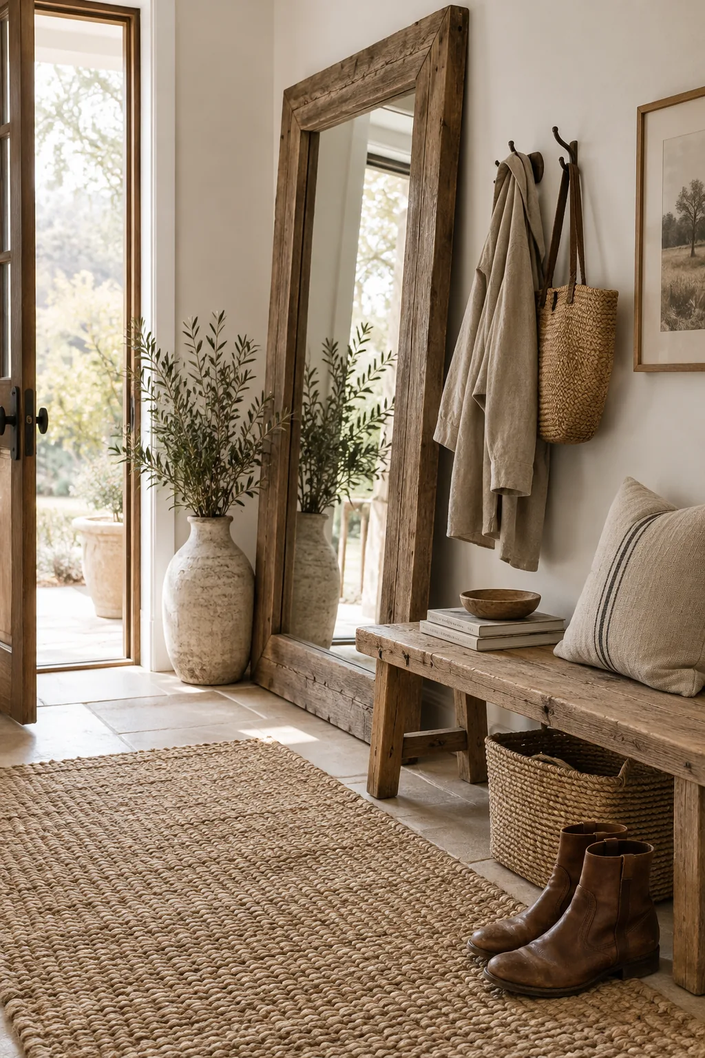 Tall weathered wood mirror leaning against a wall with a woven rug and wooden bench.
