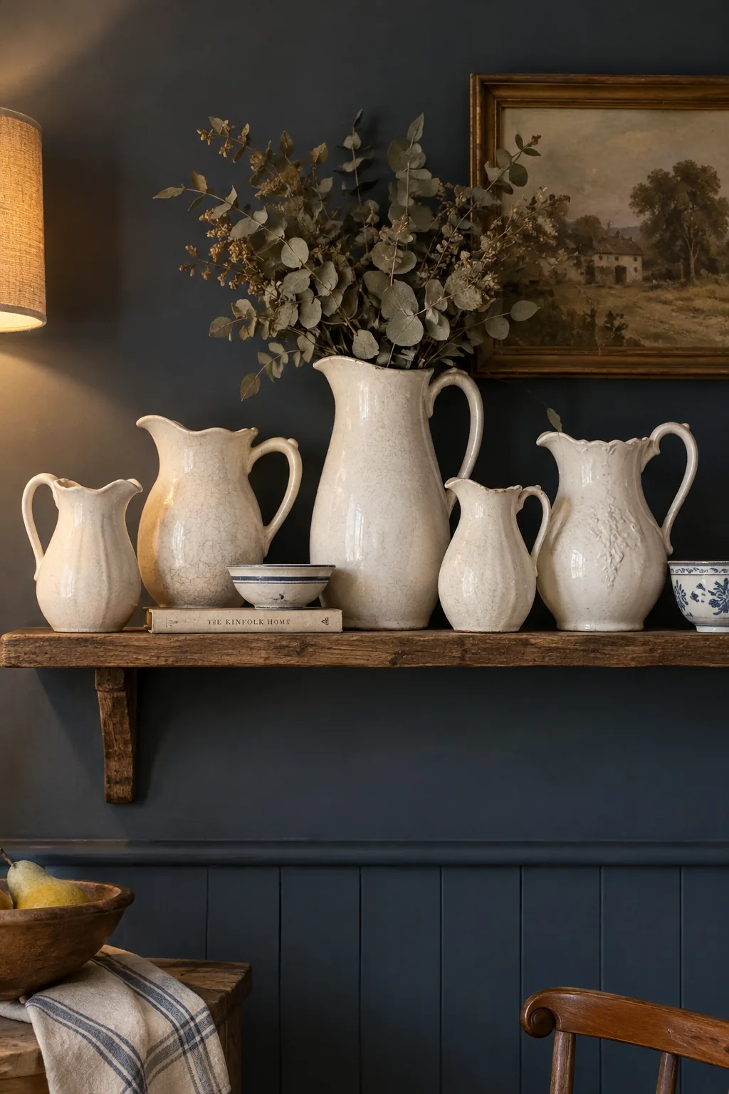 Collection of white ironstone pitchers displayed on open wooden shelving.