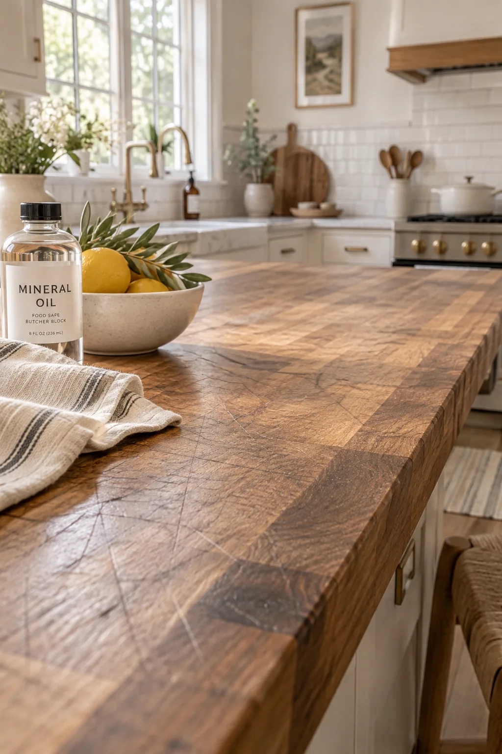 Scratched butcher block kitchen island paired with white subway tile.