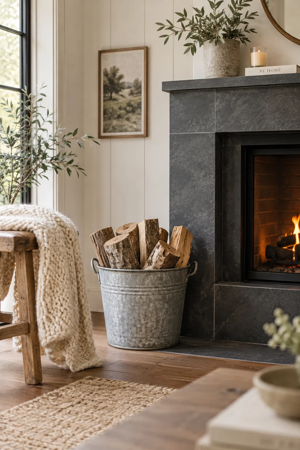 Galvanized metal bucket holding firewood next to a soapstone fireplace.