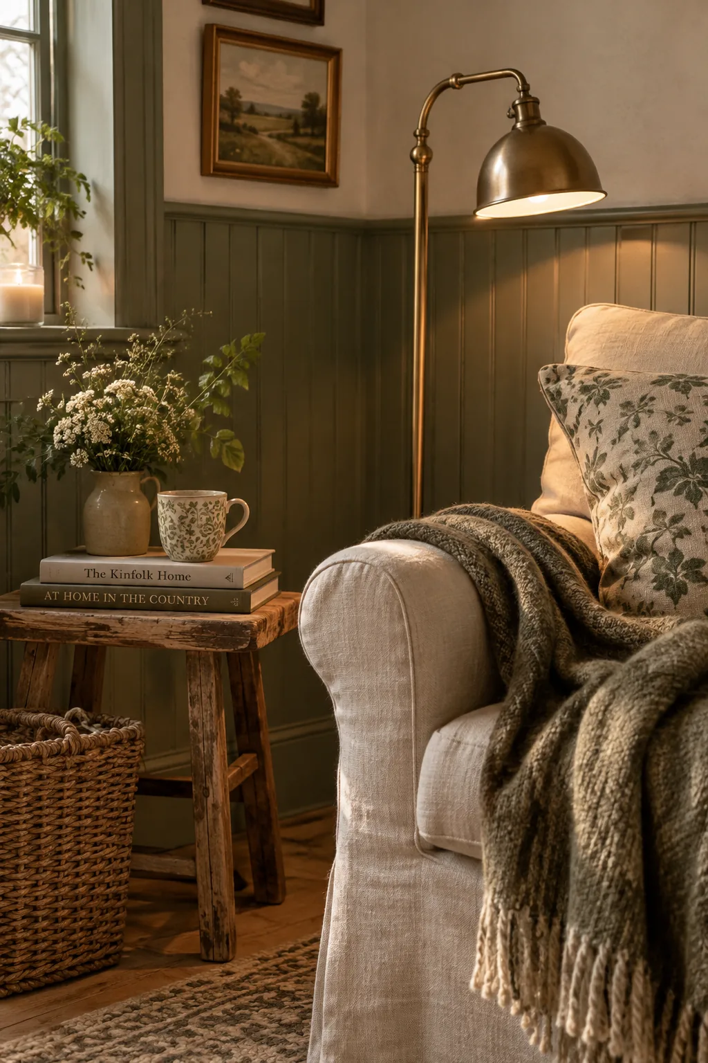 Cozy reading nook with green beadboard paneling and a slipcovered armchair.