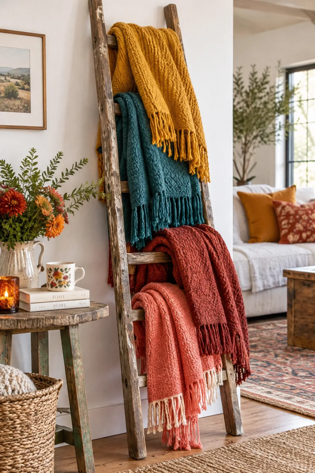 Old wooden ladder leaning against a wall, draped with cozy throw blankets.