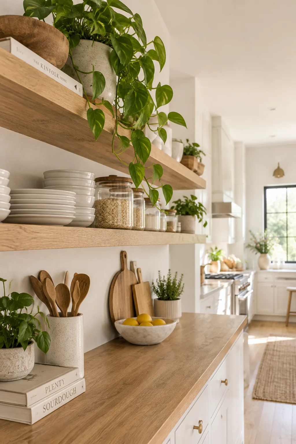 Kitchen open shelving displaying stacked white plates, glass canisters, and small wooden cutting boards.