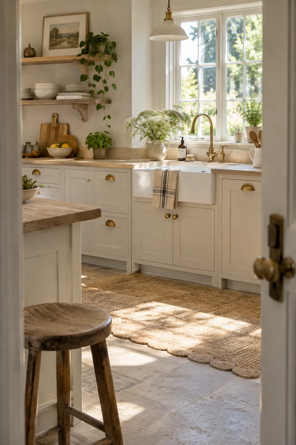 Kitchen cabinets with unlacquered brass cup pulls and knobs.