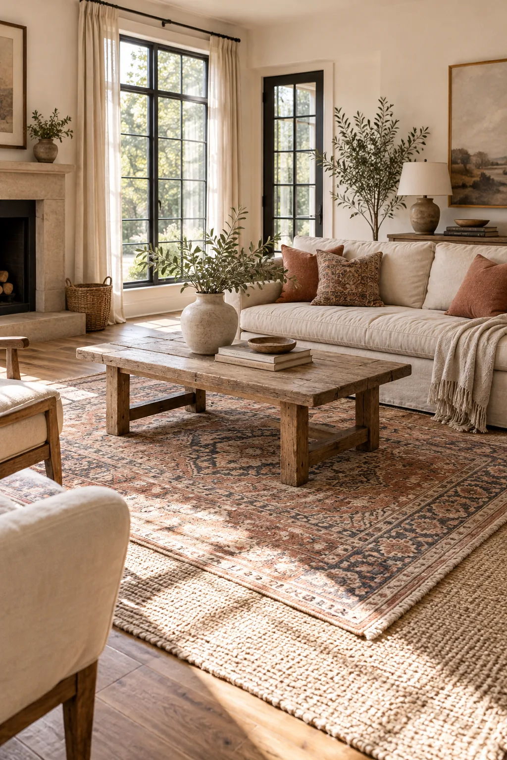 Faded vintage Turkish rug layered over a large natural jute rug.