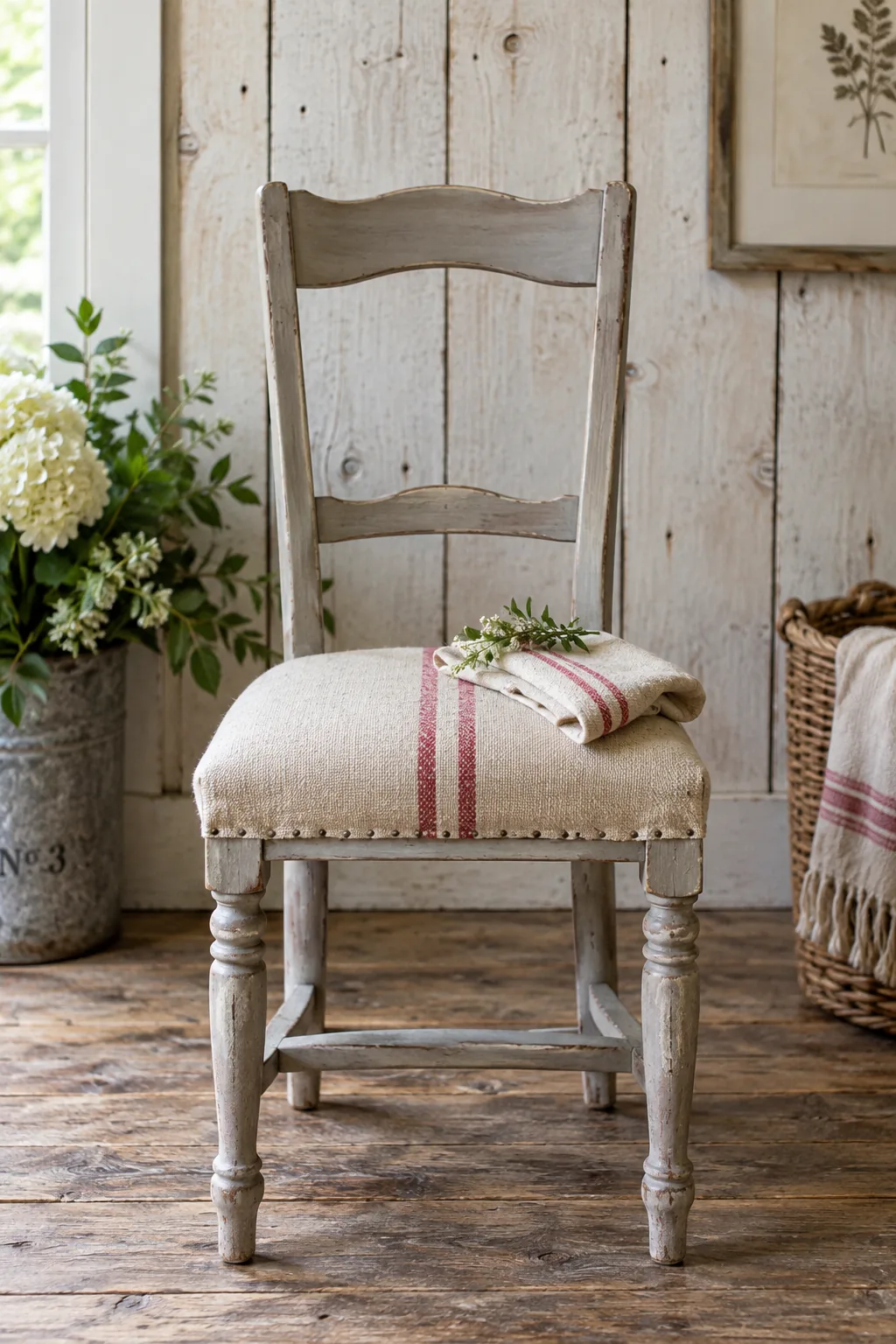Dining chairs upholstered in striped hemp grain sack fabric.