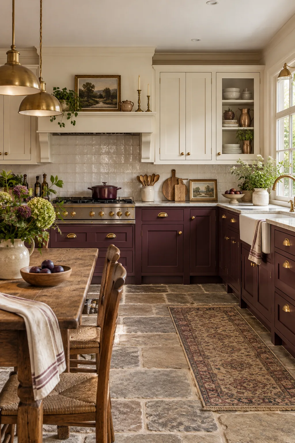 An English Cottage kitchen with plum lower cabinets, cream uppers, and a flagstone floor.
