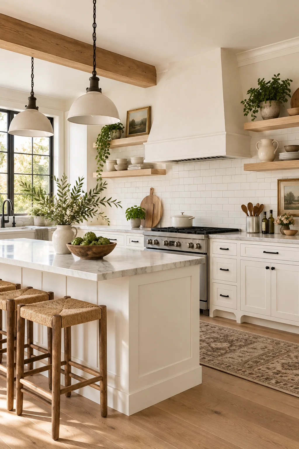A Modern Farmhouse kitchen with crisp white cabinets, black hardware, and pale ash shelves.