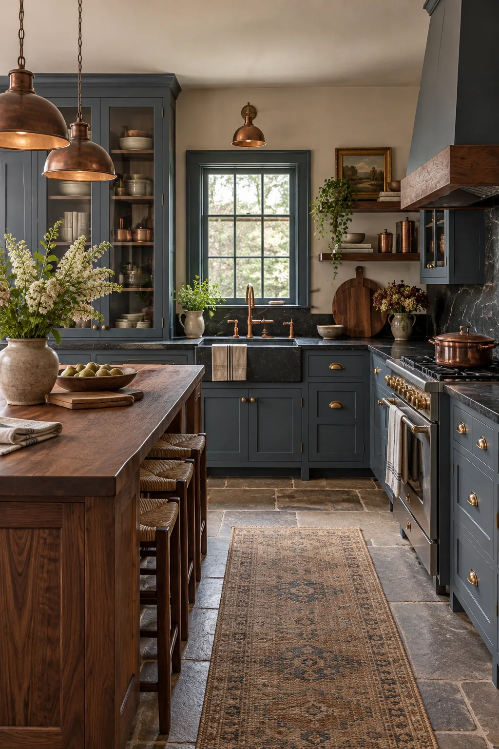 A Moody Heritage kitchen with slate blue cabinets, soapstone counters, and walnut accents.