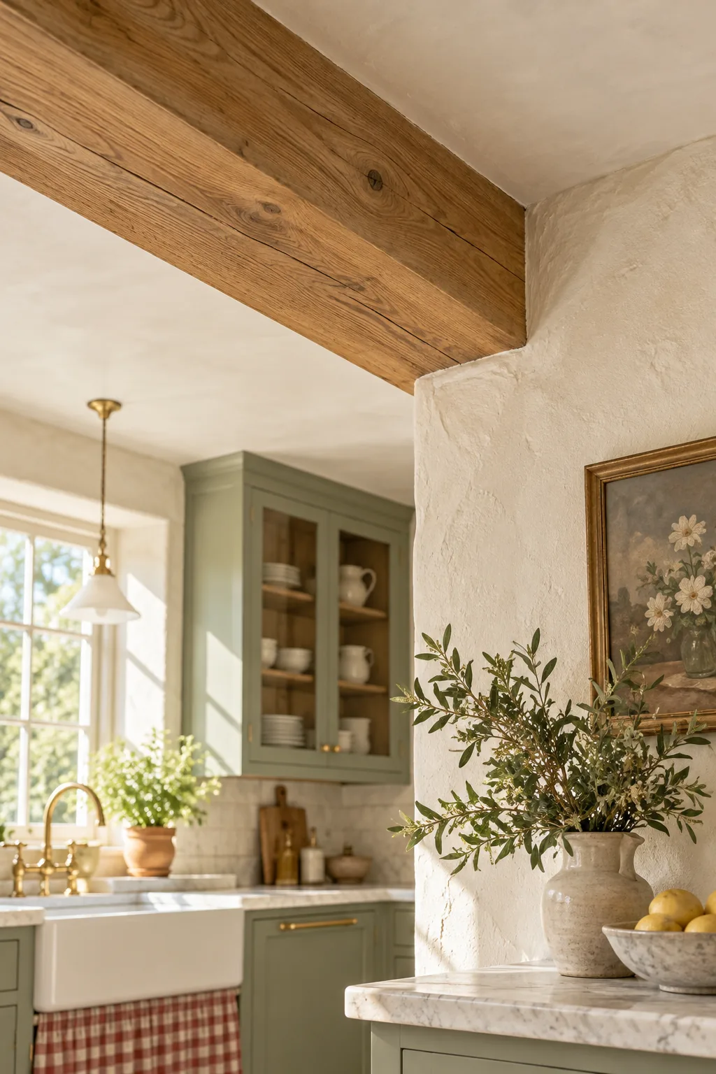 A hollow oak box beam mounted flush against a cream plaster kitchen ceiling.