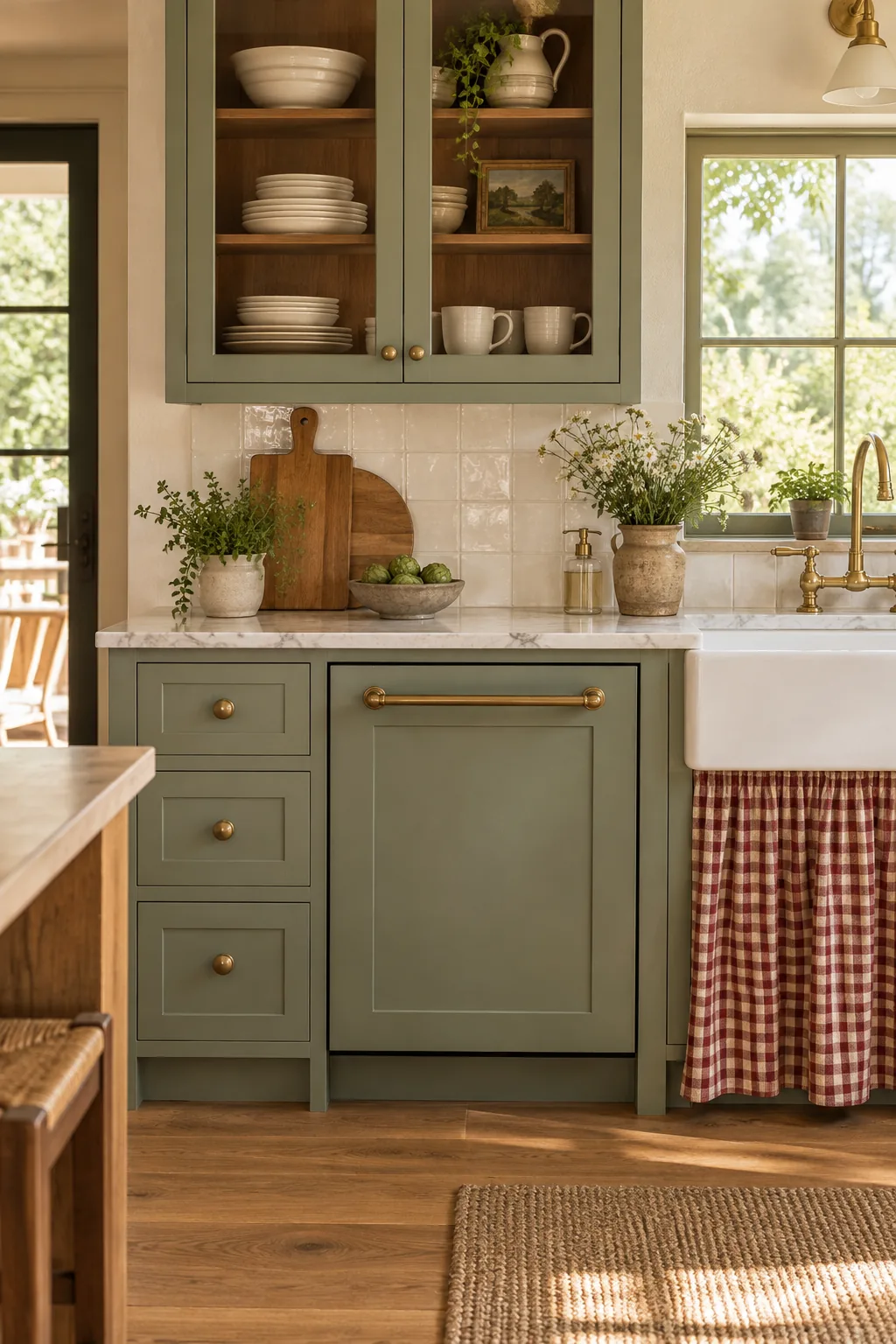 Glass-front sage green upper cabinets with a contrasting painted back panel and stacked ceramics.