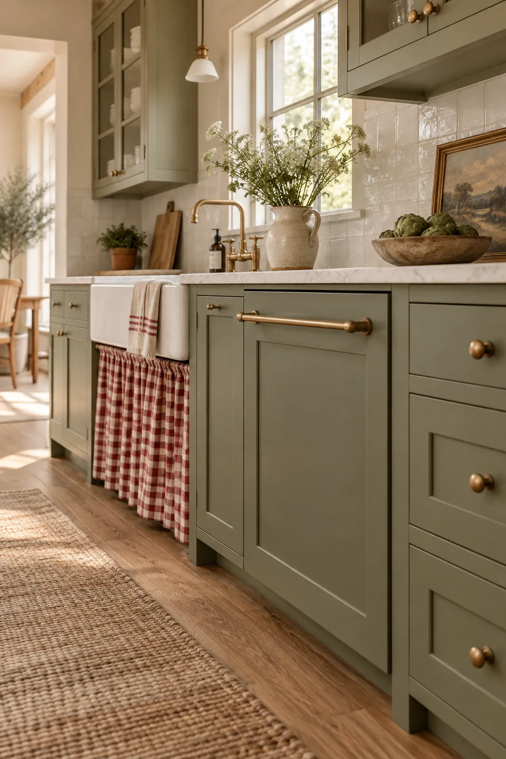 A seamless panel-ready dishwasher integrated into sage green shaker lower cabinets.