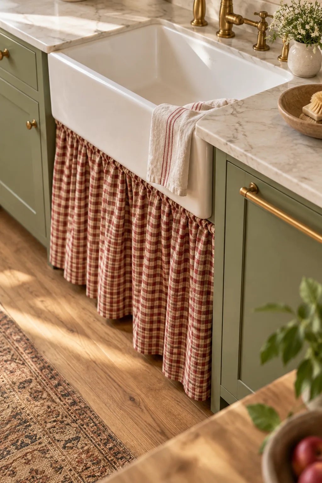 An unlacquered brass appliance pull mounted on a sage green cabinet panel.