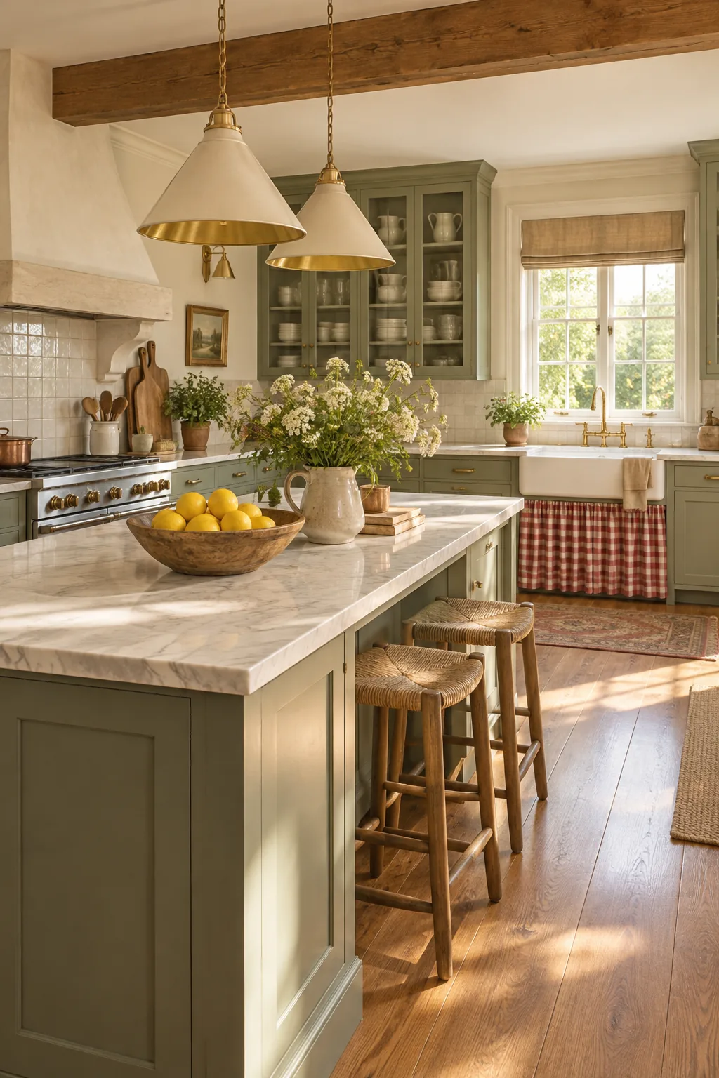 A red-and-cream gingham skirt hanging below a white fireclay apron sink.