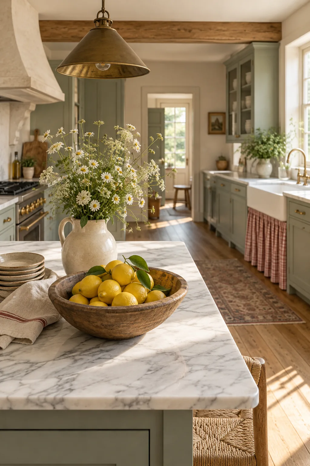 A styled marble kitchen island with lemons and wildflowers, with sage green cabinets in the background.