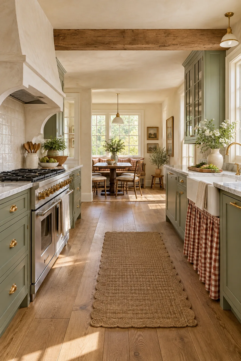 A wide view of a country kitchen walkway with a range on the left and a skirted sink on the right.