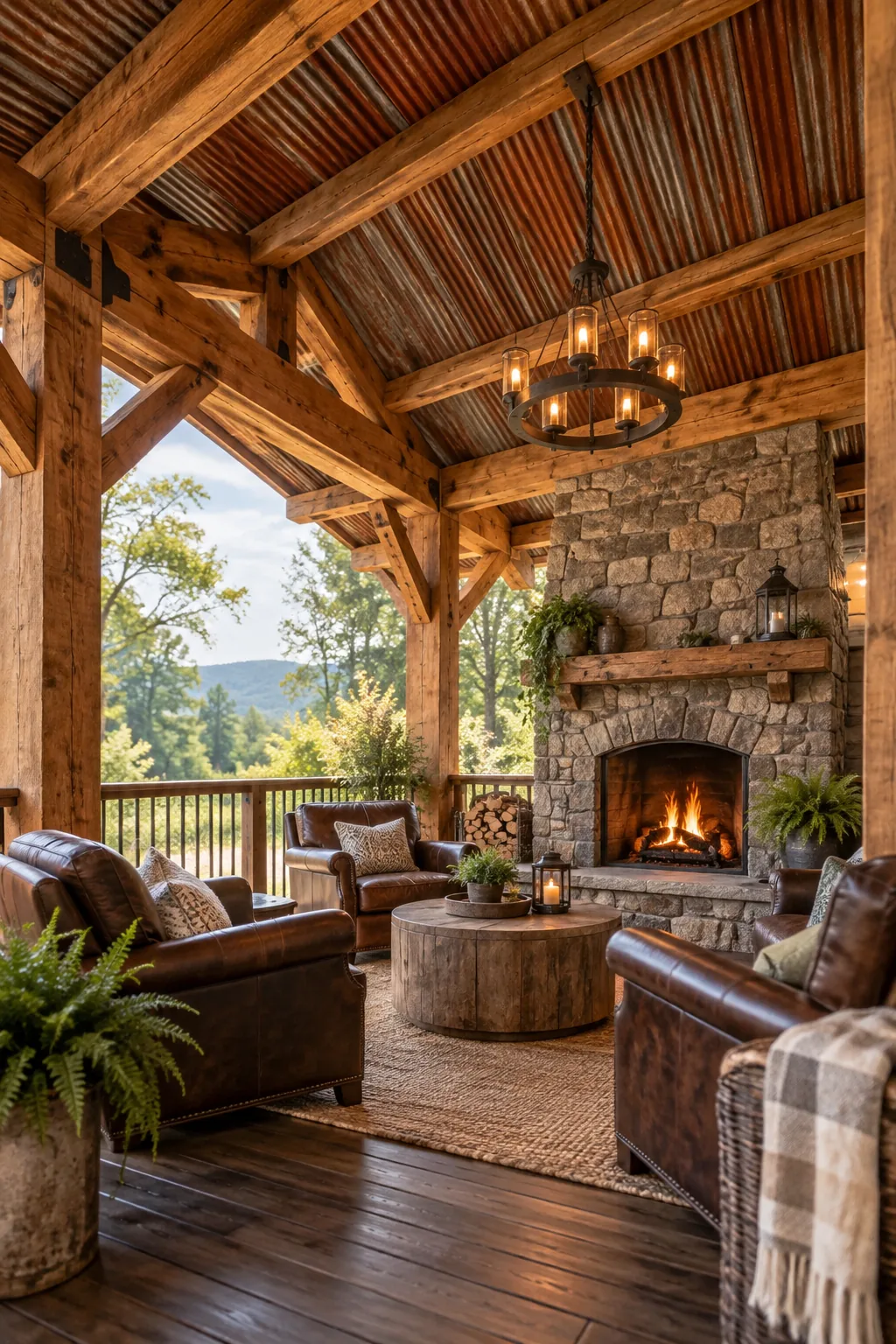 A rustic timber frame covered deck with cedar beams, a stone fireplace, and leather chairs.
