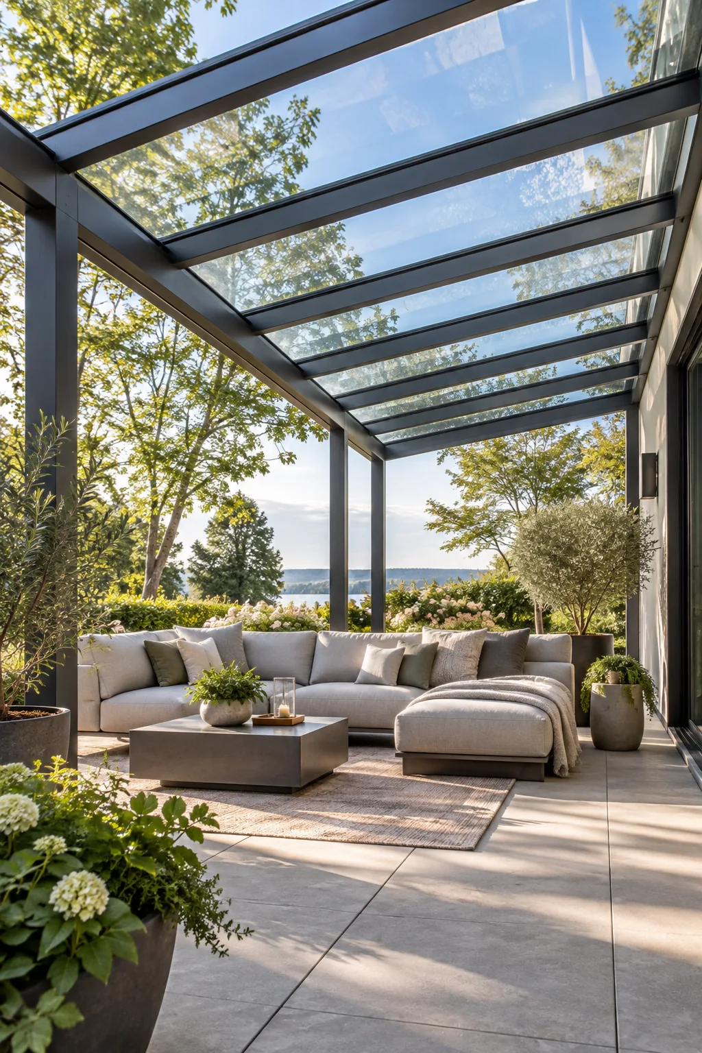 A contemporary covered deck with a steel frame, full glass roof, and modern modular sofa.