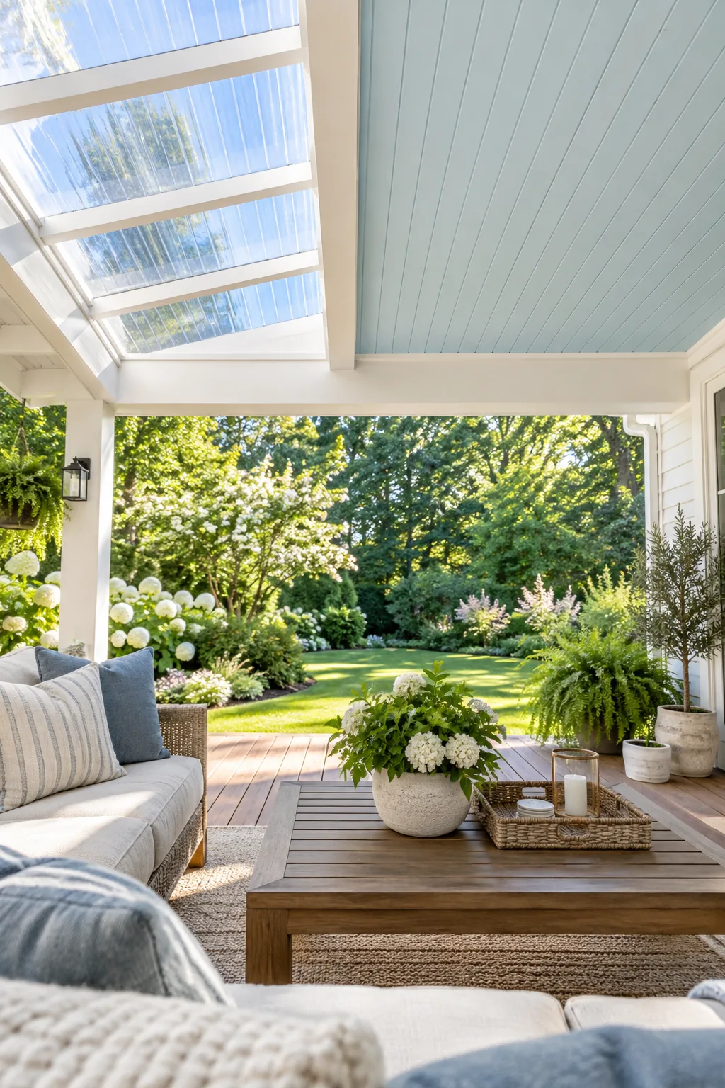 View from a seated position on a deck sofa looking out under a wooden support beam at a garden.
