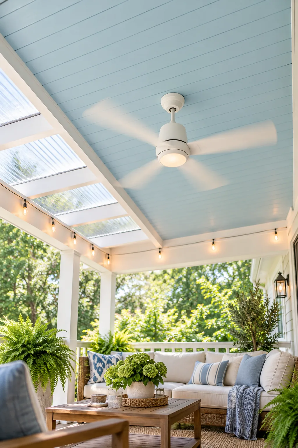 Looking up at a deck ceiling transitioning from clear panels to pale blue painted wood.