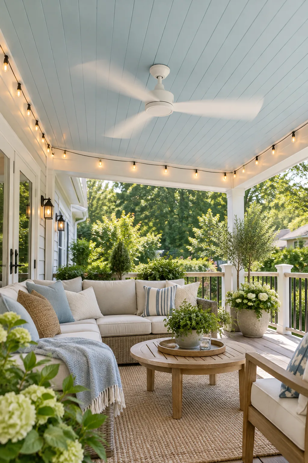 A white ceiling fan mounted on a pale blue wooden deck ceiling.