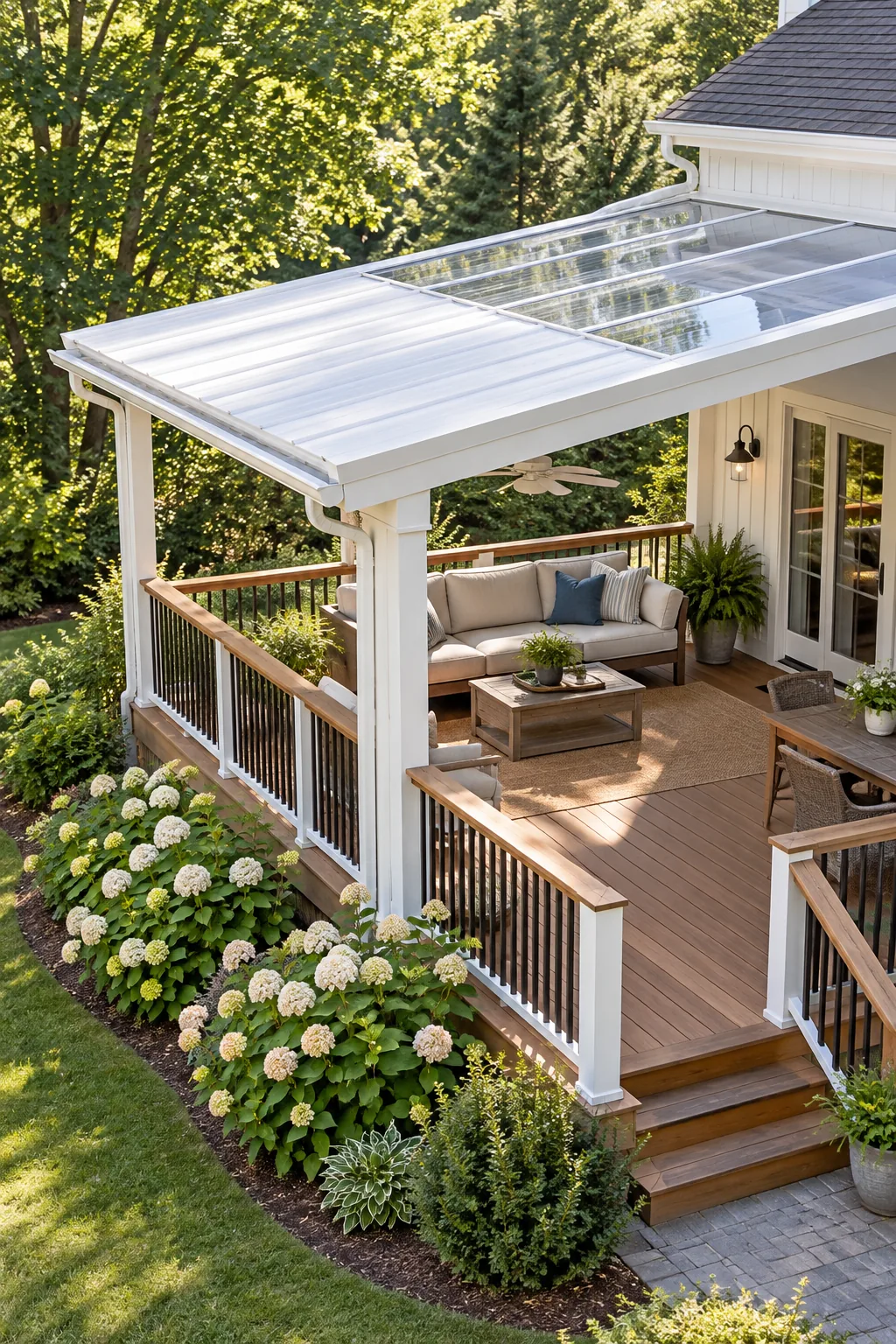 Exterior side view of a deck roof showing its gentle downward slope and gutter system.