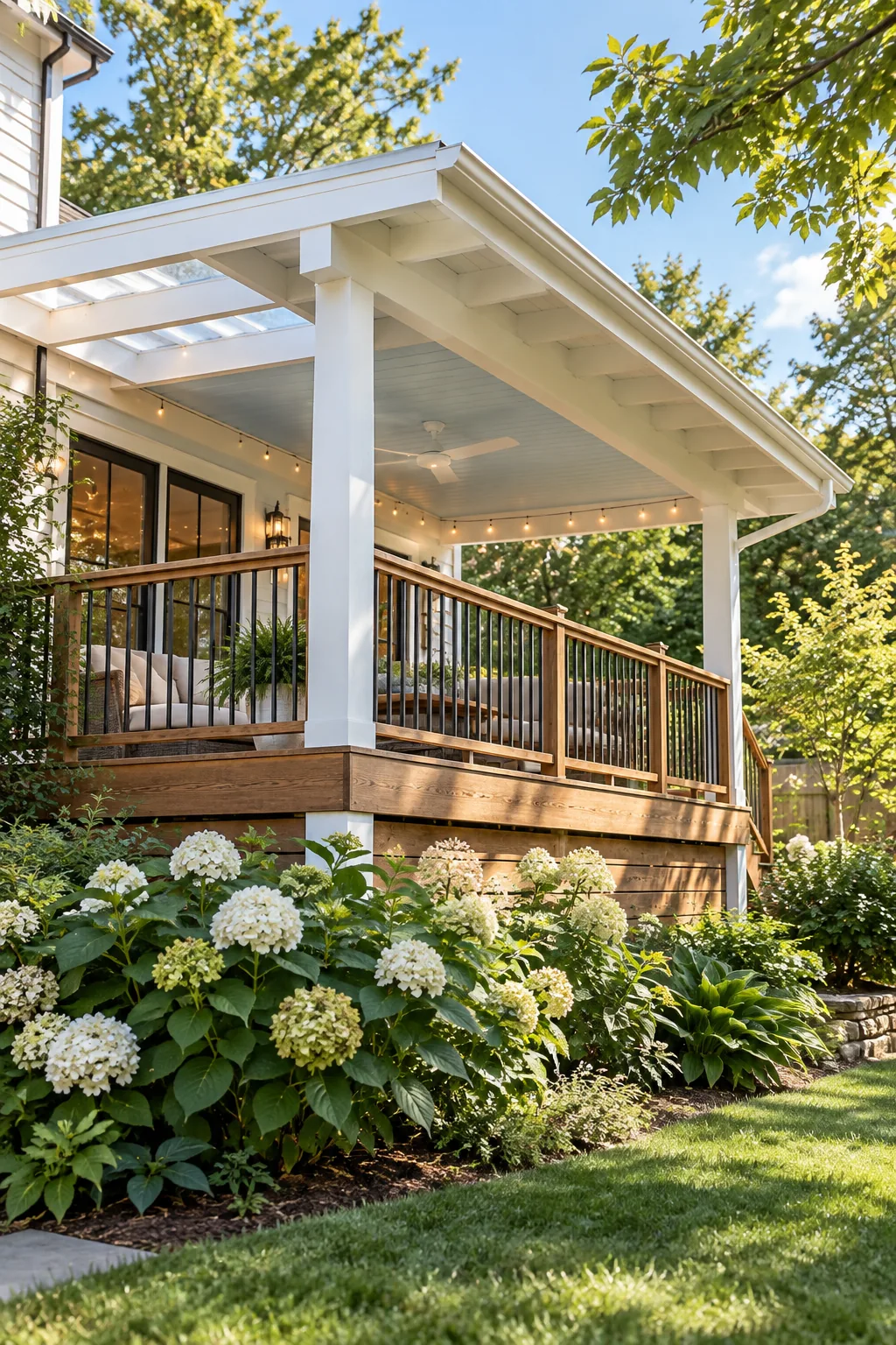 View from the yard showing a deck roof overhanging the wooden railing.
