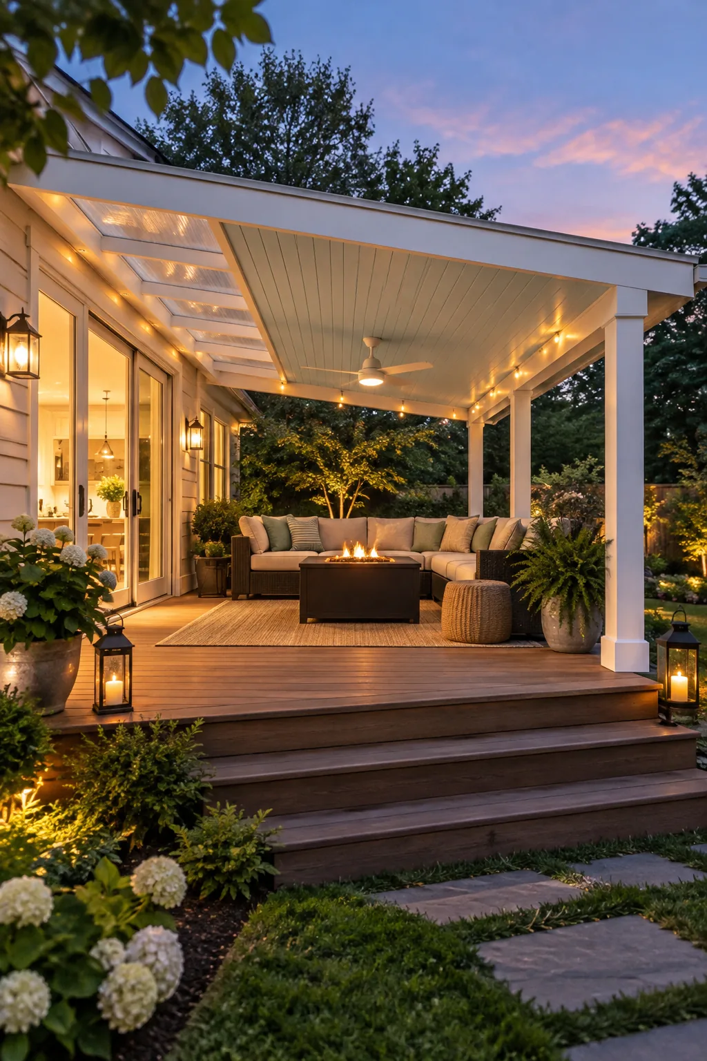 A fully furnished covered deck glowing with warm light at twilight.
