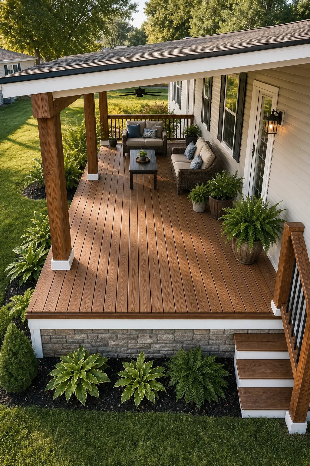 An 8-foot deep covered porch providing ample space for a wicker seating set and coffee table.
