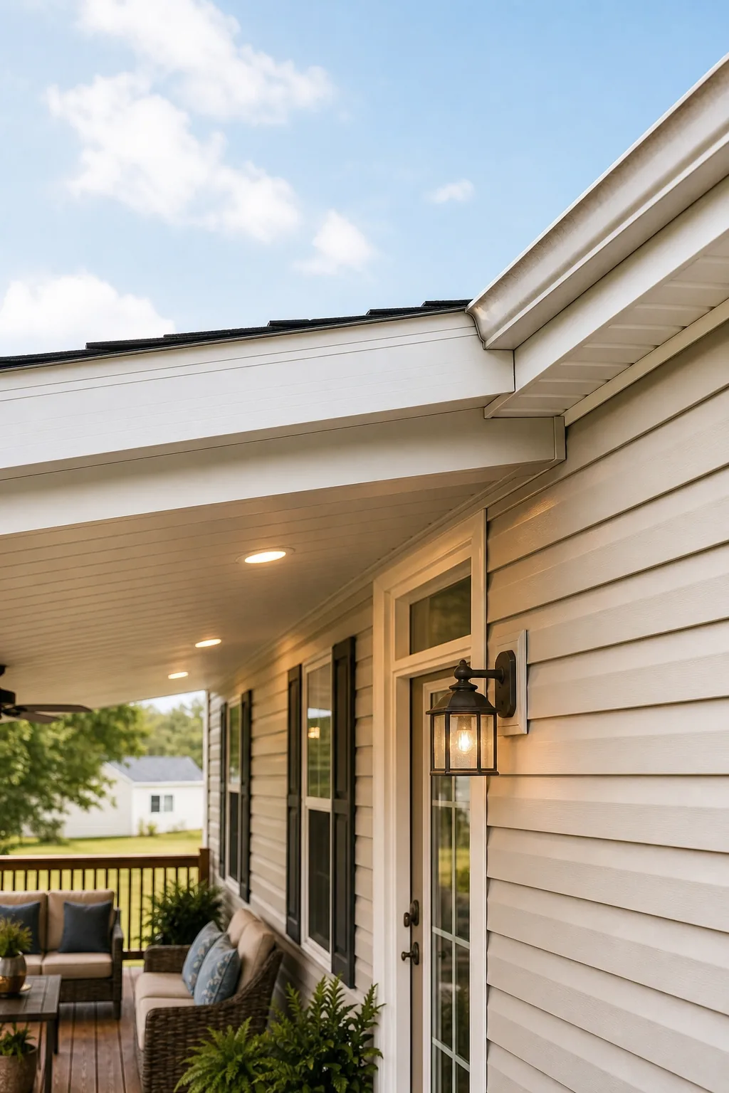 The seamless roof tie-in where the new porch roof matches the pitch of the existing mobile home.
