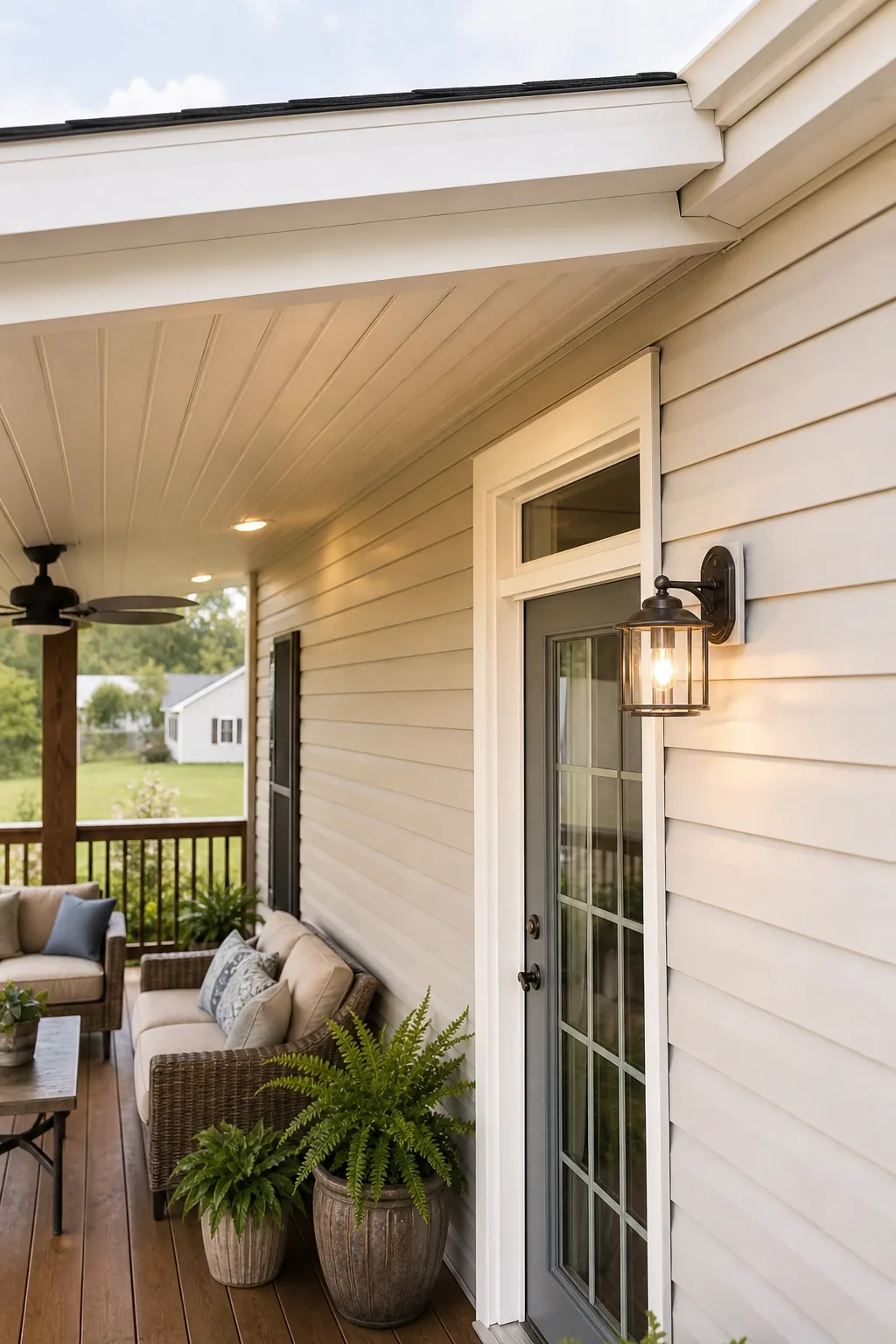 The connection point between the porch roof structure and the mobile home exterior wall.