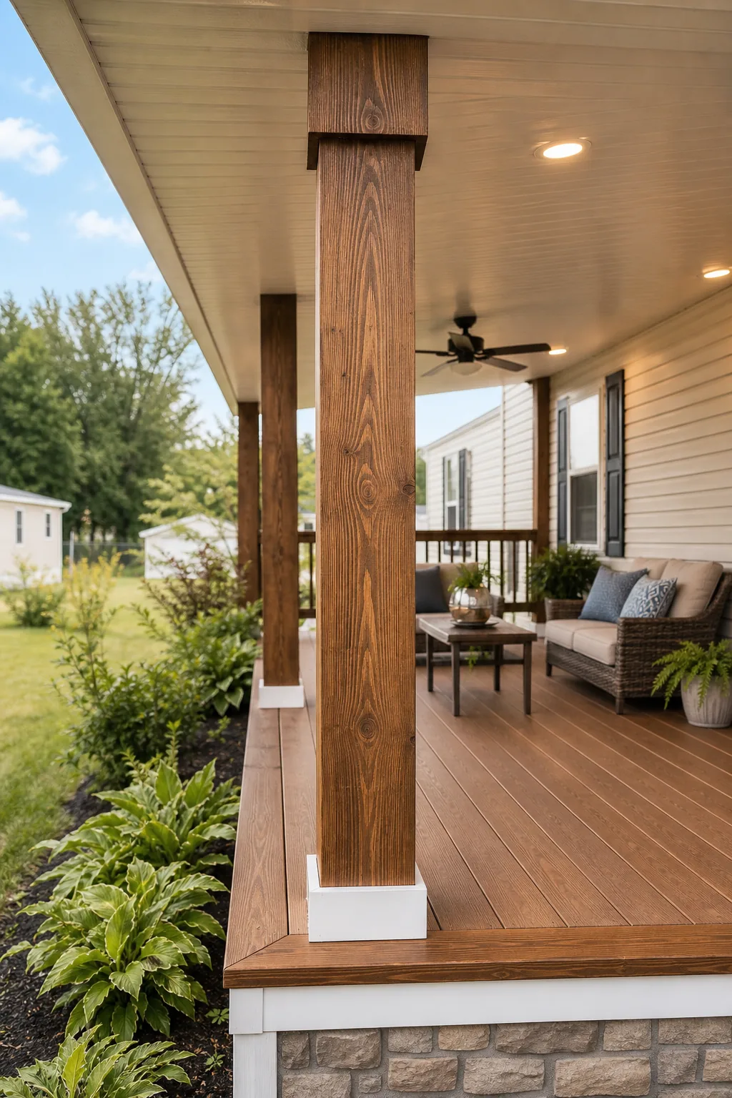 A thick, freestanding wooden post supporting the outer edge of the covered porch roof.