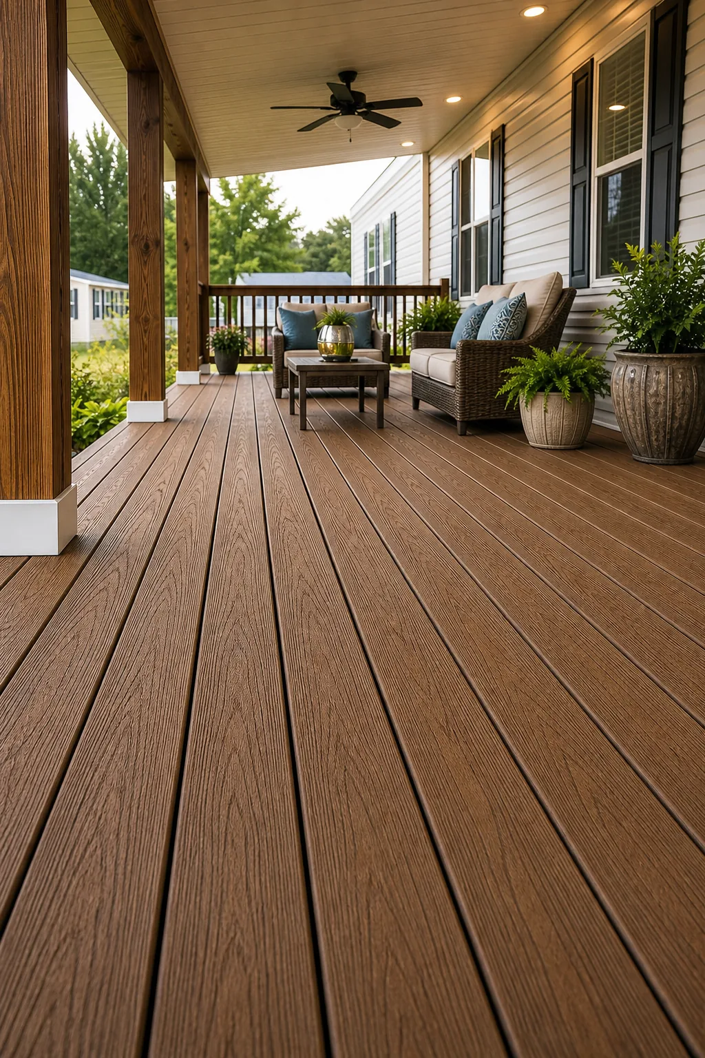 Brown wooden deck floorboards laid perpendicular to the house with small drainage gaps.