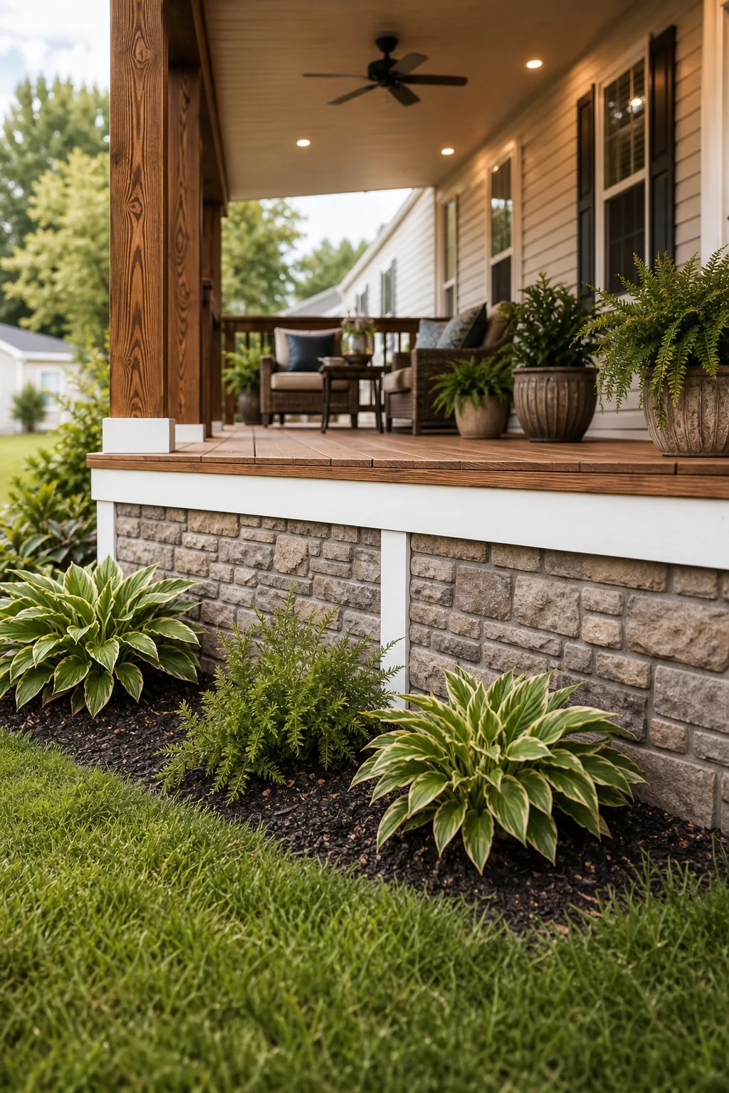 Faux stone skirting wrapping around the base of the wooden porch structure.