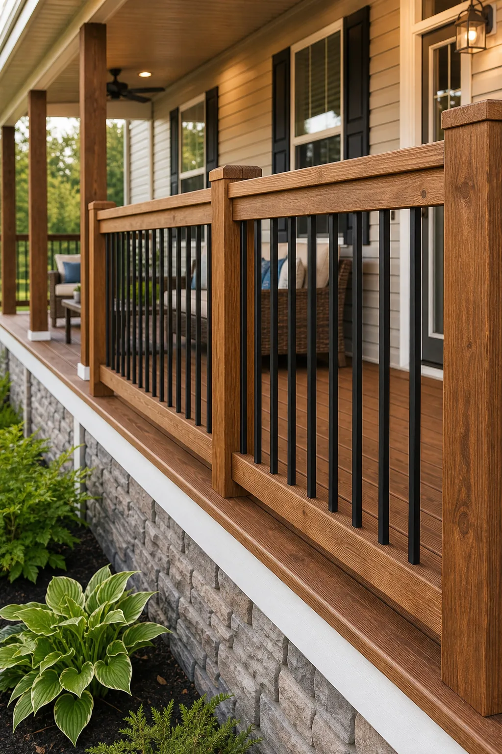 A sturdy wooden railing with black metal balusters installed along the porch perimeter.
