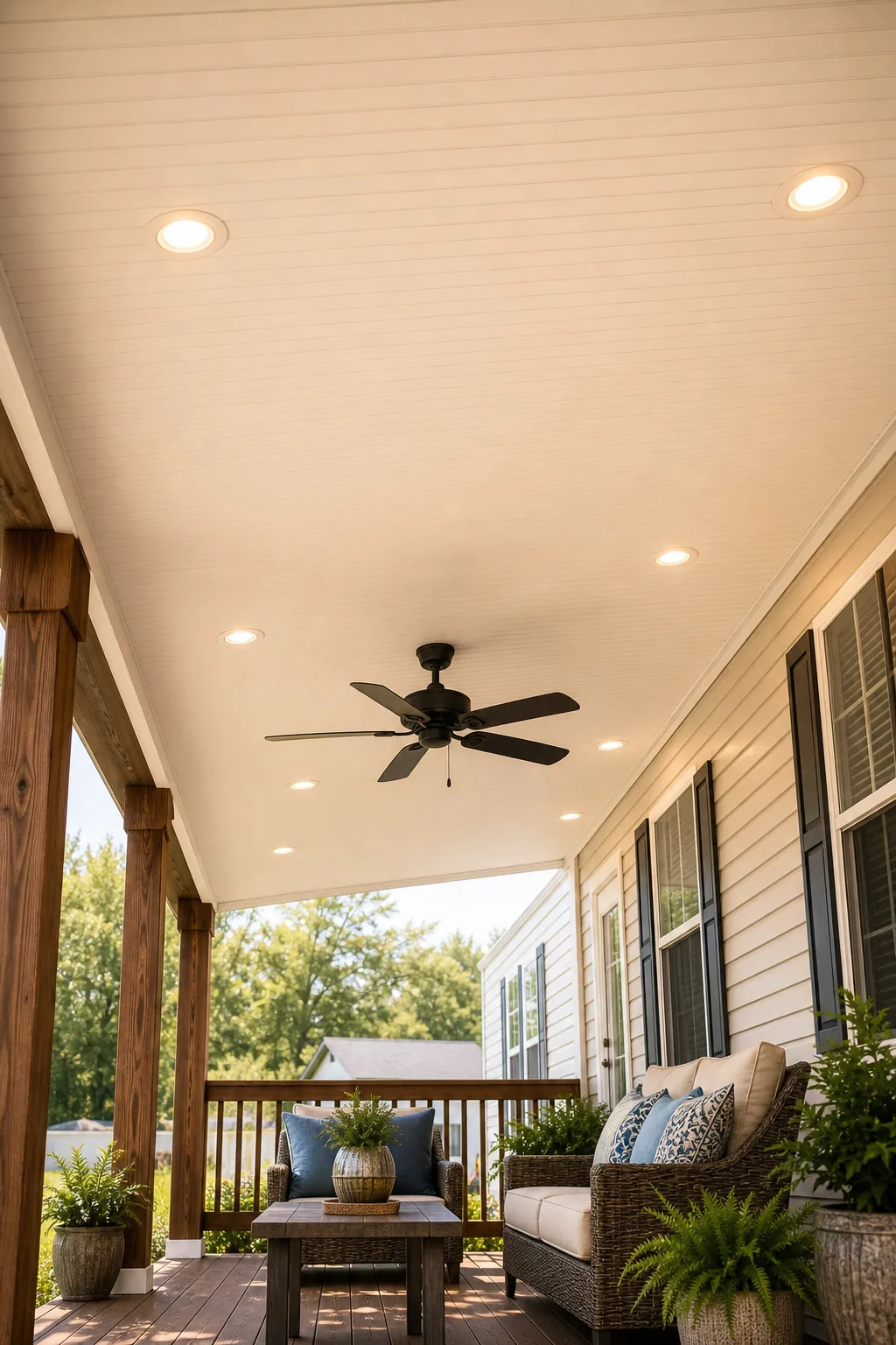 A finished porch ceiling featuring warm wood tones, recessed lighting, and a black ceiling fan.