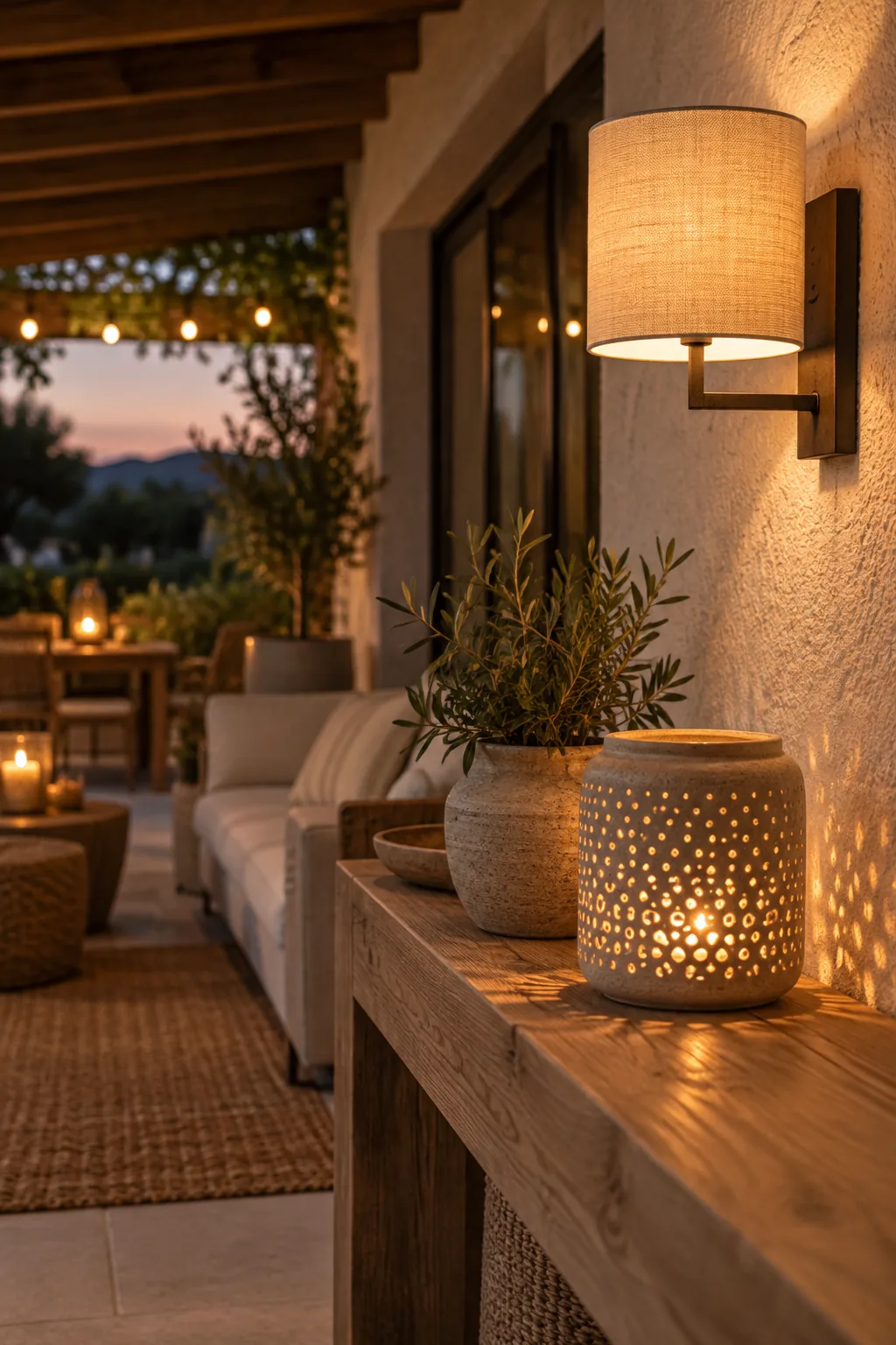 Covered patio attached to house with layered outdoor lighting