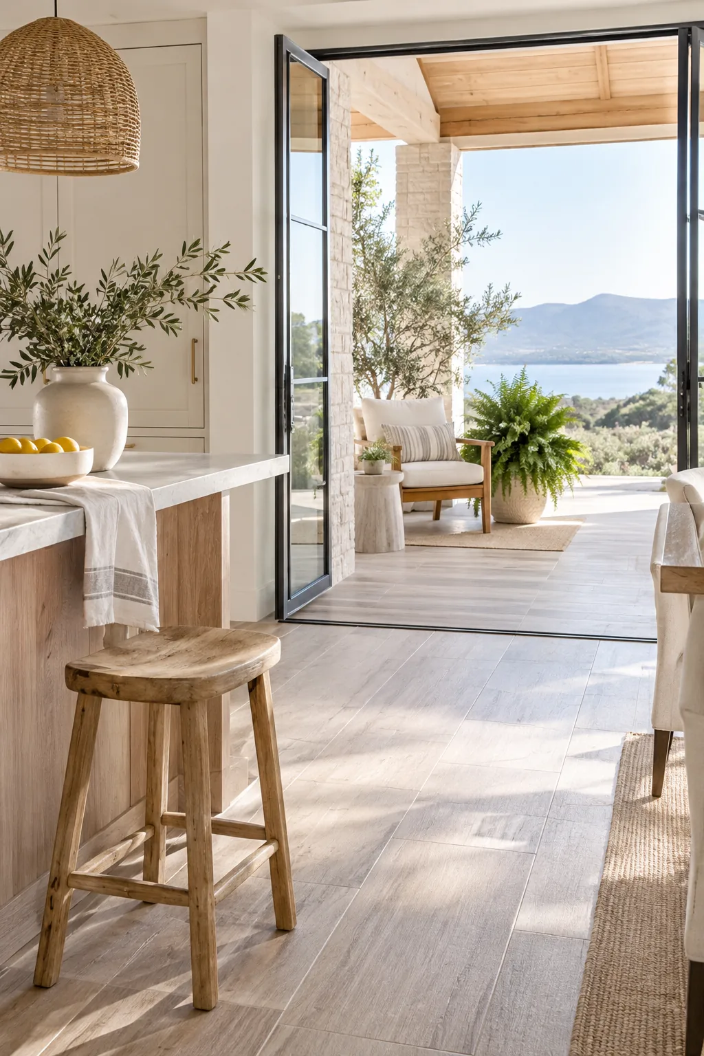 Wood-look tile flowing continuously from indoor kitchen to outdoor patio