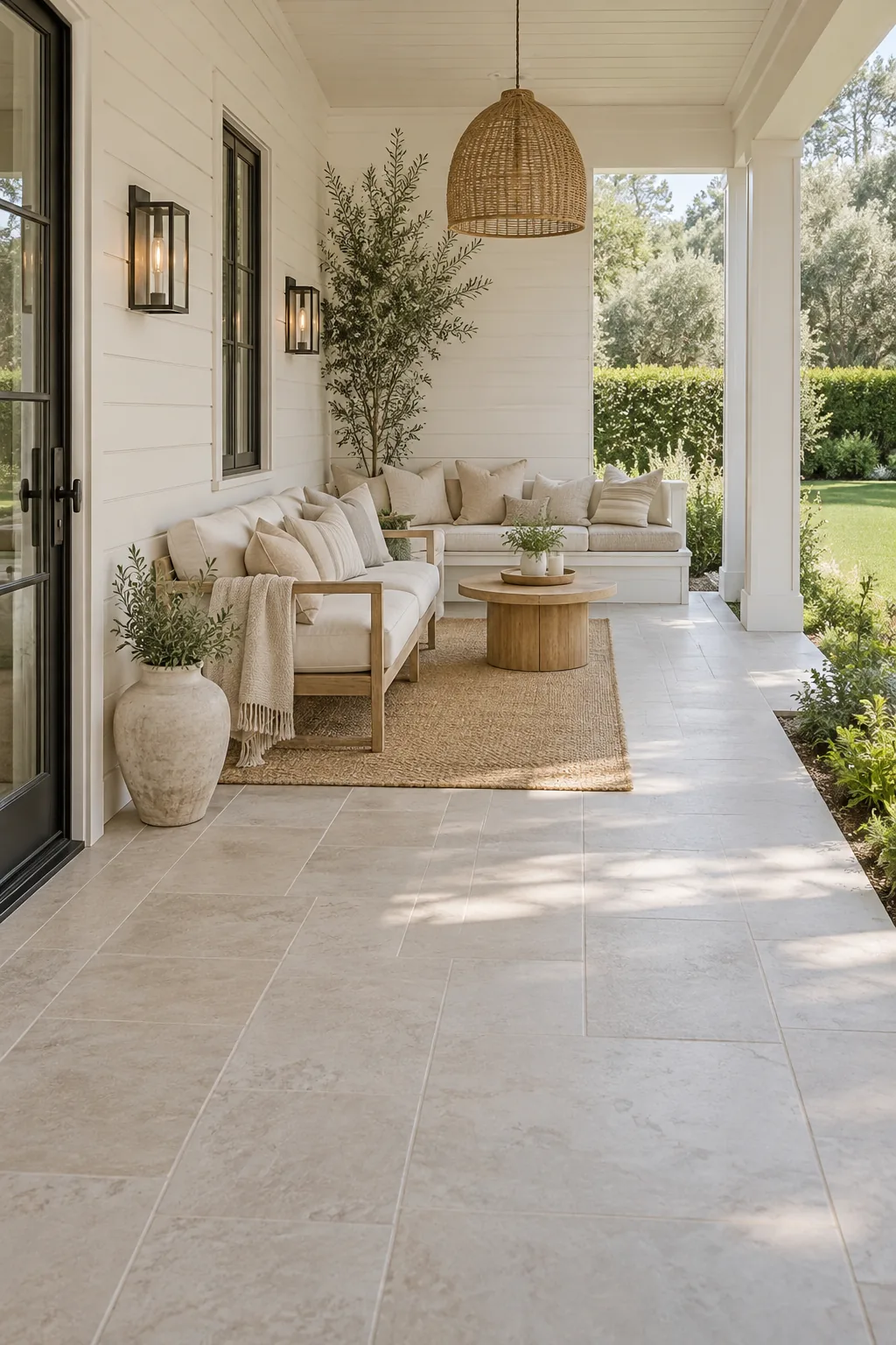 Streamlined teak outdoor furniture on a narrow covered patio