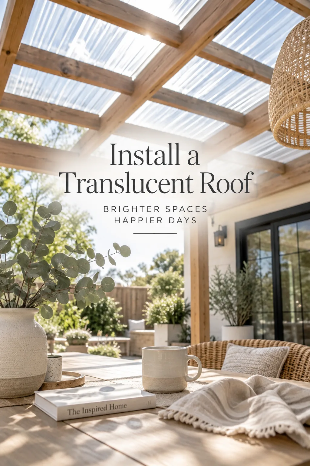 Slatted pergola roof with clear polycarbonate cover attached to house