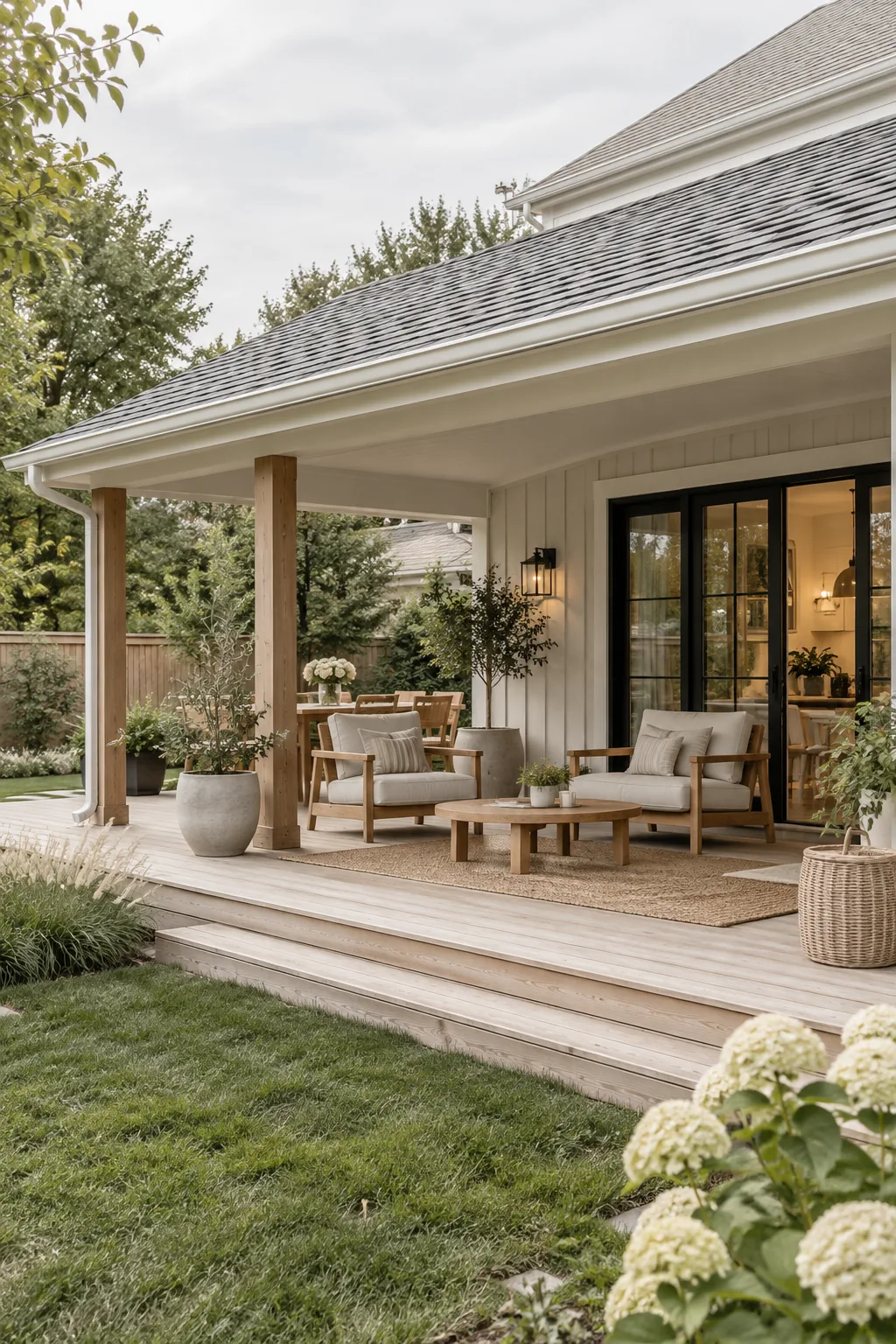 Pitch-matched roof extension covering a concrete patio