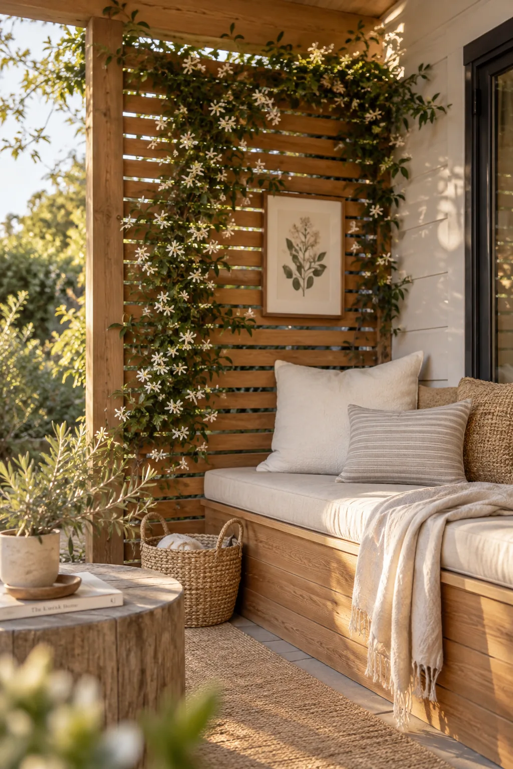 Slatted wood privacy screen on the side of a covered patio
