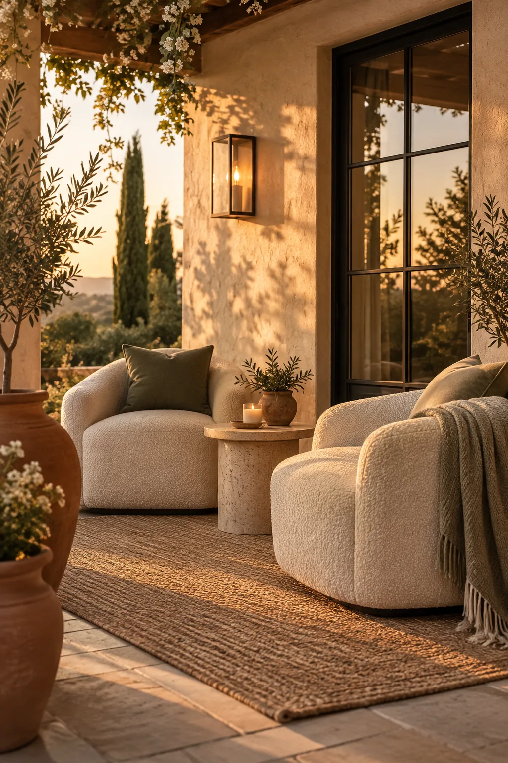 Deep lounge armchairs on a small 10x10 covered patio