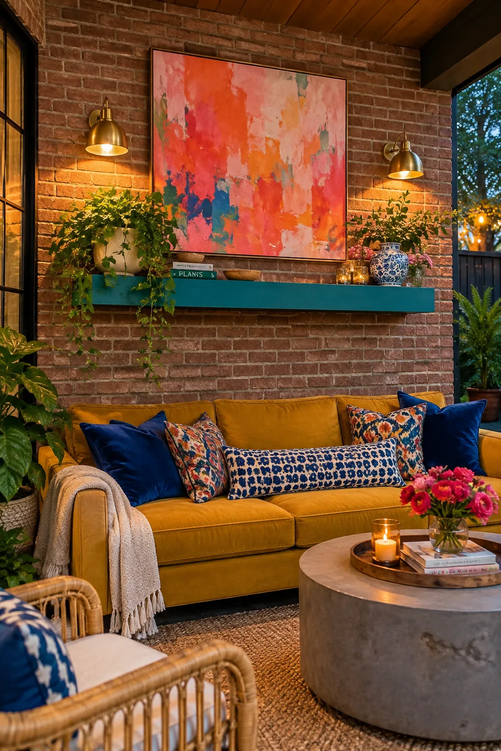 Outdoor television and floating console mounted on house brick siding